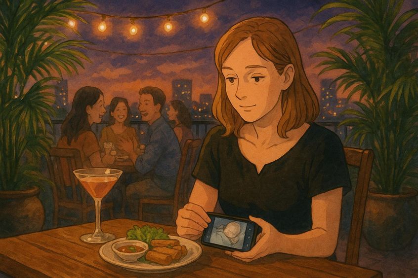 Expat parent in Bangkok checking AI baby monitor app during dinner