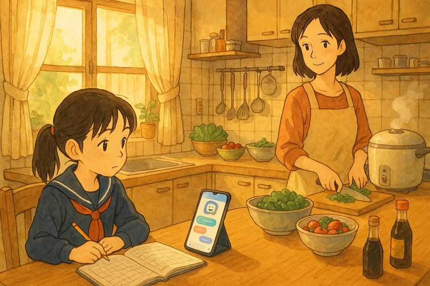 AI chatbot helping child with homework while mother watches from kitchen