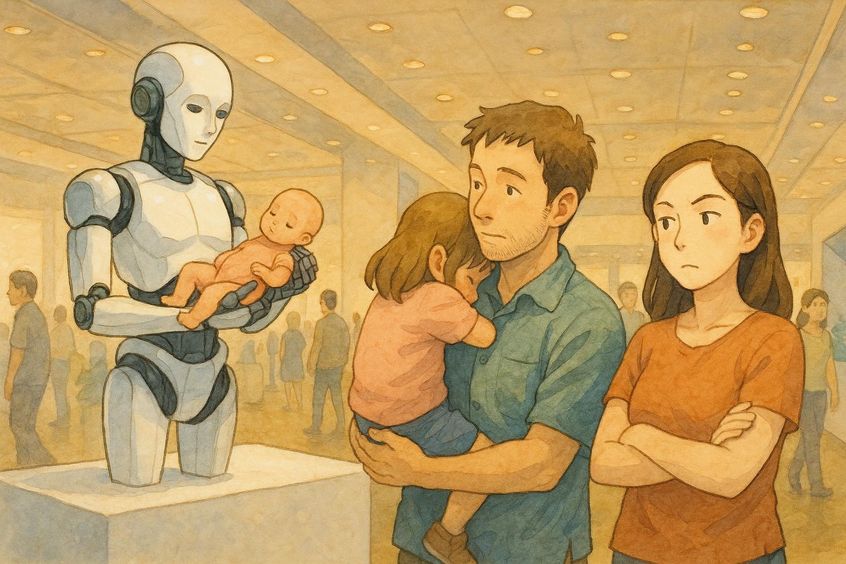 Family viewing humanoid robot babysitter at technology exhibition