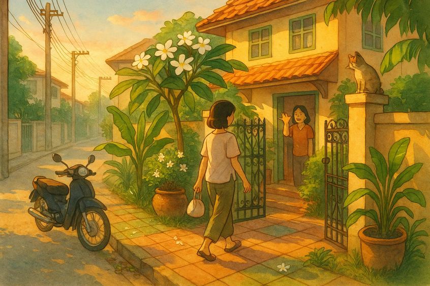 Full-time live-out nanny arriving for work at a Bangkok home