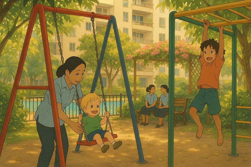 trusted babysitter with children at Bangkok condo playground